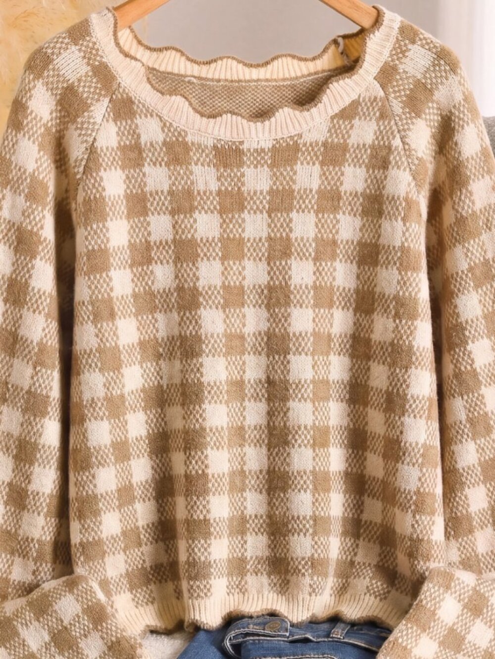 Apricot Casual Women's Plus Size Plaid Long Sleeve Sweater - Picture 6 of 6